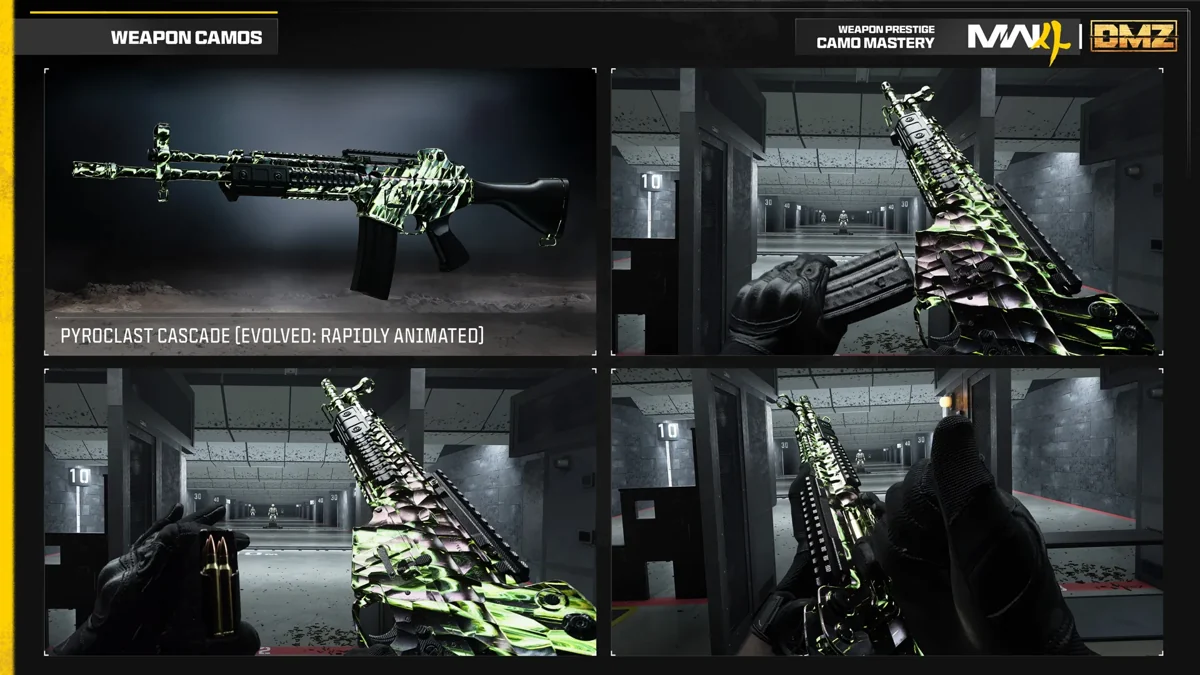 MW4 Pyroclast Cascade weapon camo shown in the official Call of Duty showcase