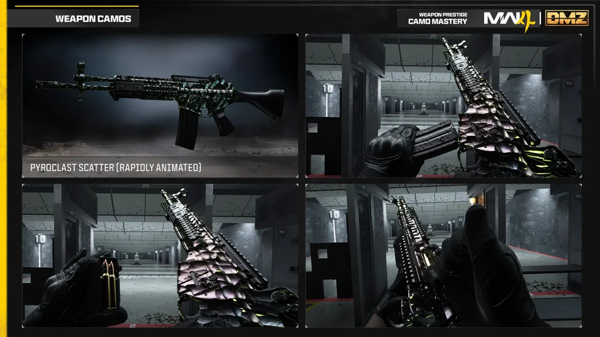 MW4 Pyroclast Scatter weapon camo shown in the official Call of Duty showcase