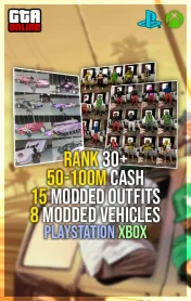 Buy GTA 5 Rank 30+, 100 Million Cash, 15 Modded Outfits, 8 Modded Cars (PlayStation/Xbox)